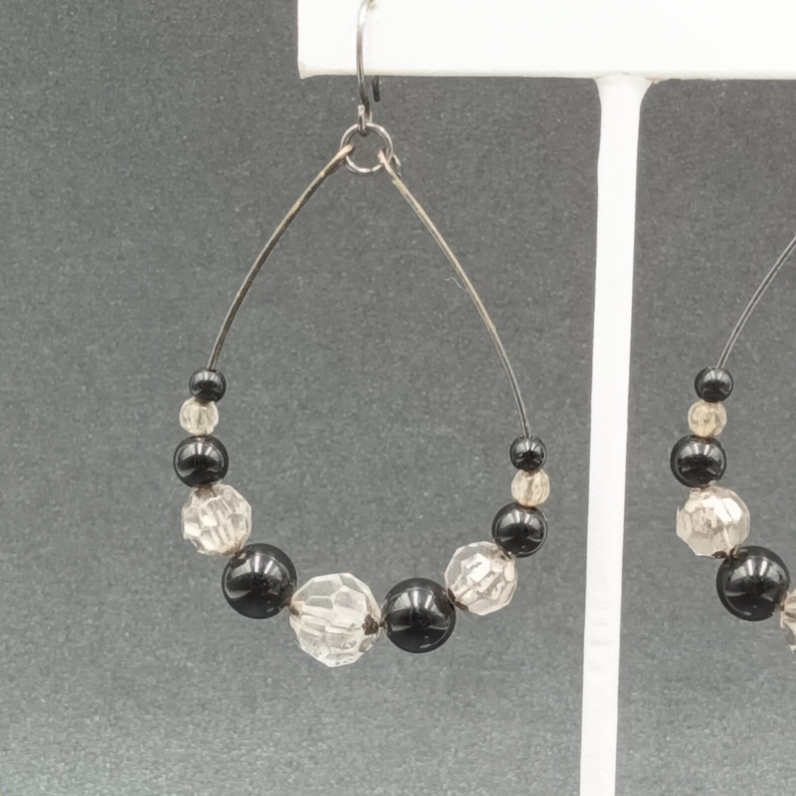 Pierced Earrings Gun Metal Gray Teardrop Wire Loop Acrylic Beaded Dangle 2"