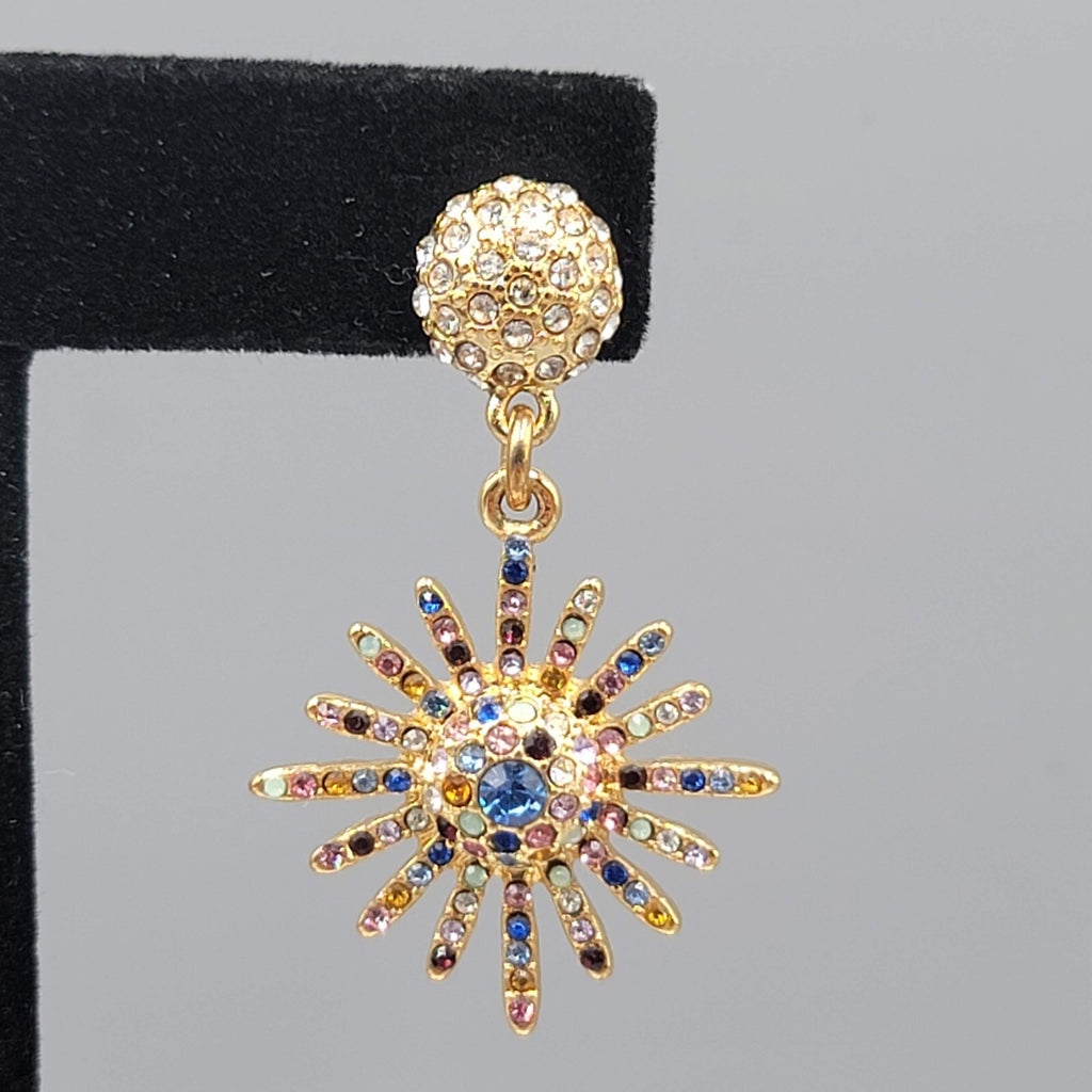 Pierced Earrings Gold tone Multicolor Crystal Starburst Sun Dangle 1.75"