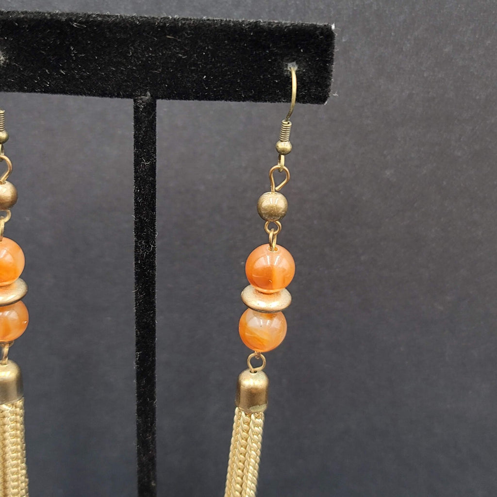 Pierced Earrings Gold tone Multi Chain Orange Bead Extra Long Dangle 4"