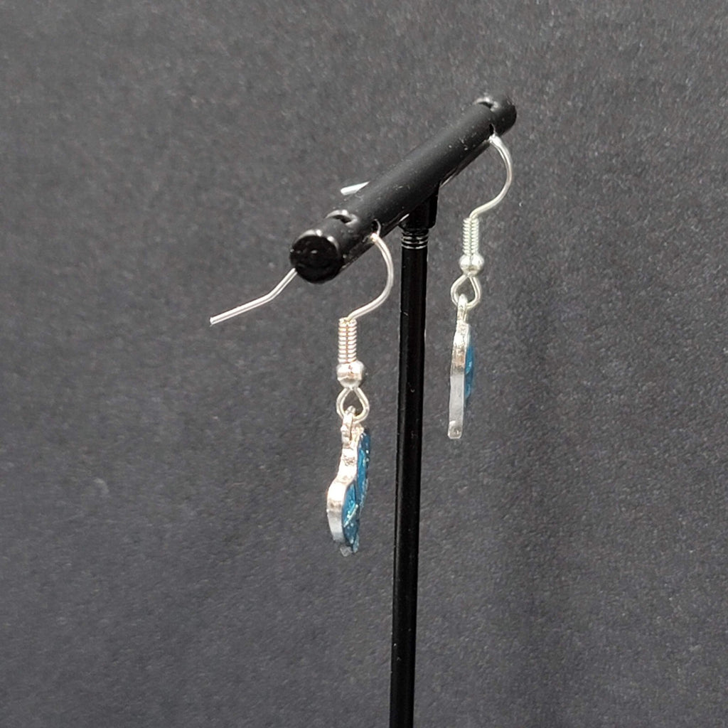 Heart Pierced Earrings Silver tone Blue Enamel Glitter Dangle 5/8"