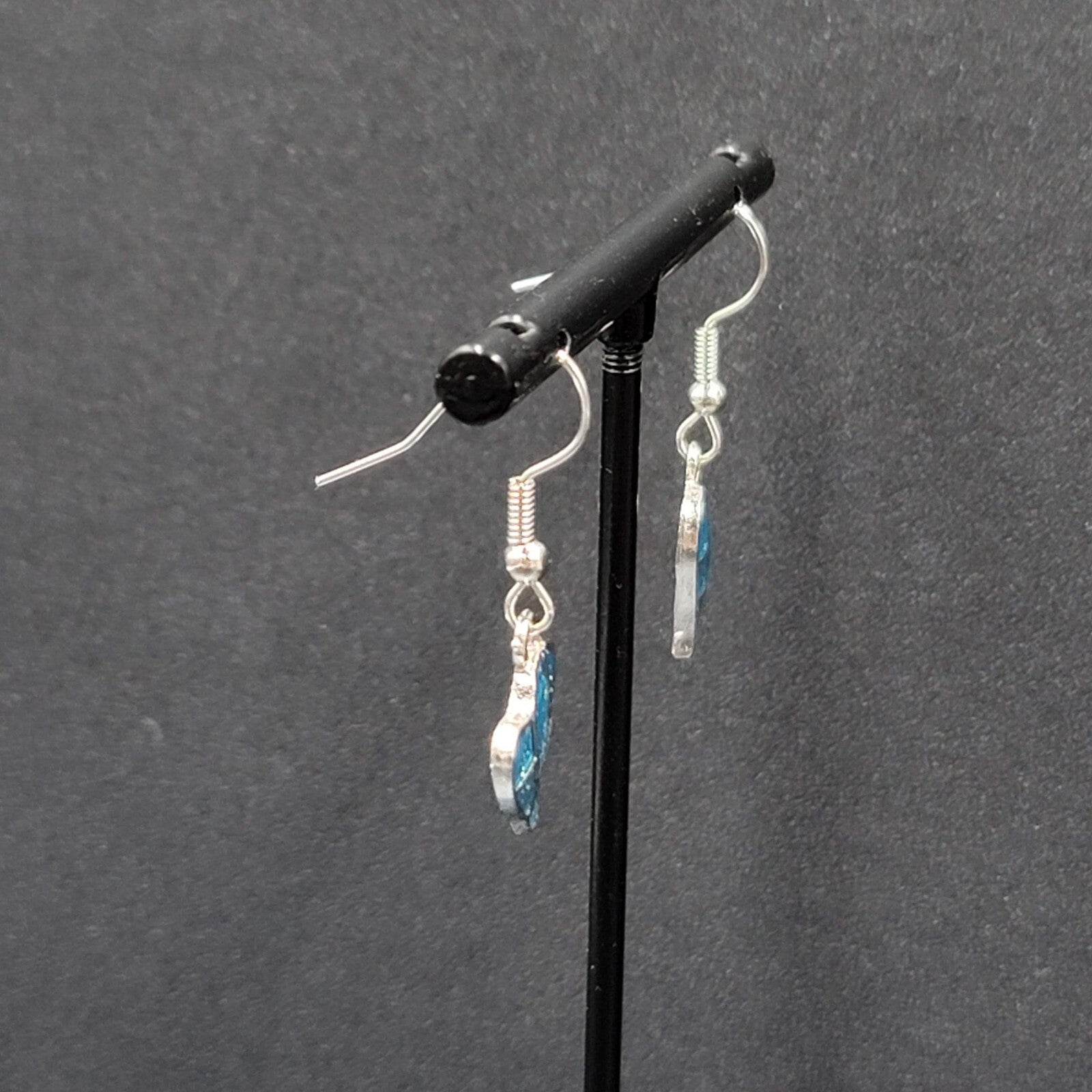 Heart Pierced Earrings Silver tone Blue Enamel Glitter Dangle 5/8"