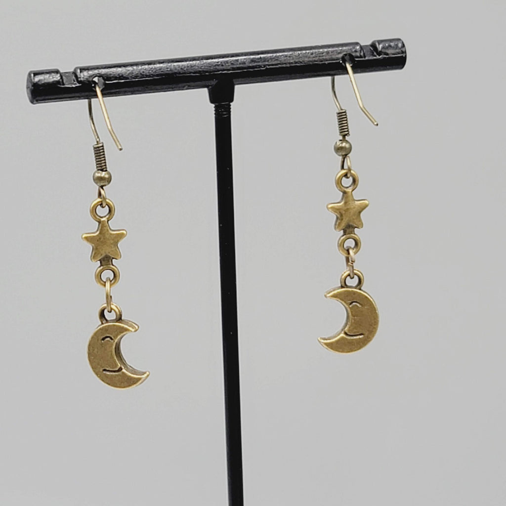 New Crescent Smiling Moon Star Pierced Earrings Bronze tone Dangle 1.25"