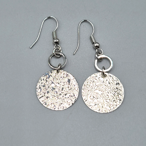Embossed Circle Pierced Earrings Silver tone Dangle 1.25"