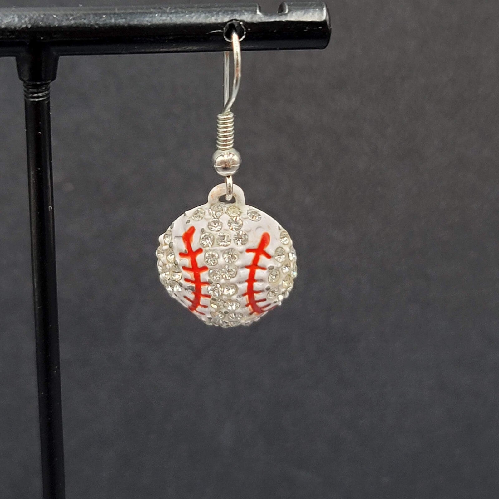 Baseball Pierced Earrings Rhinestone Enamel Dangle 3/4"