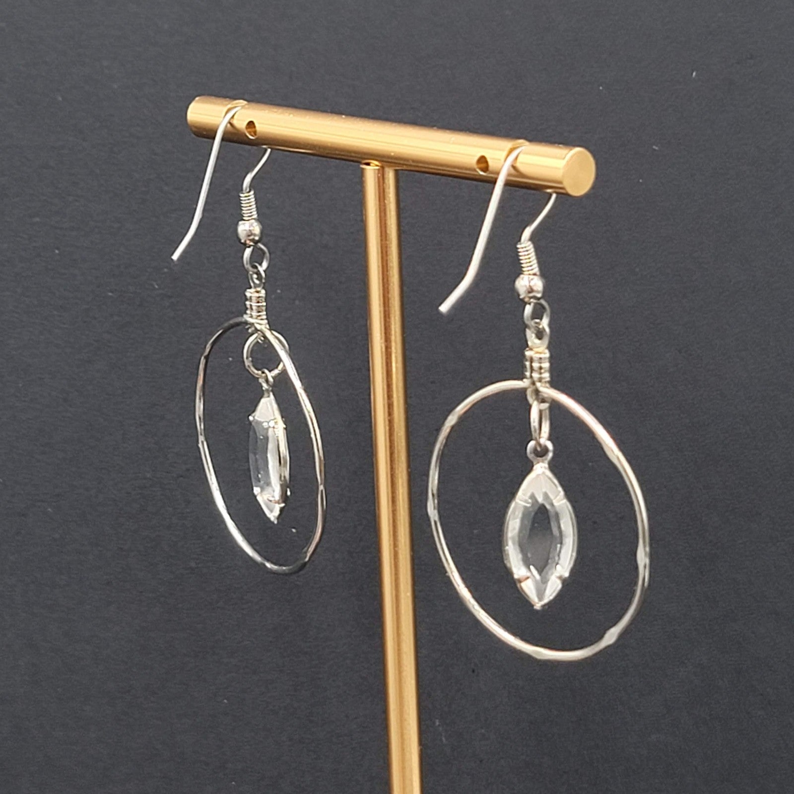 Silver tone Dangle Hoop Pierced Earrings Rhinestone Accent 1.5"