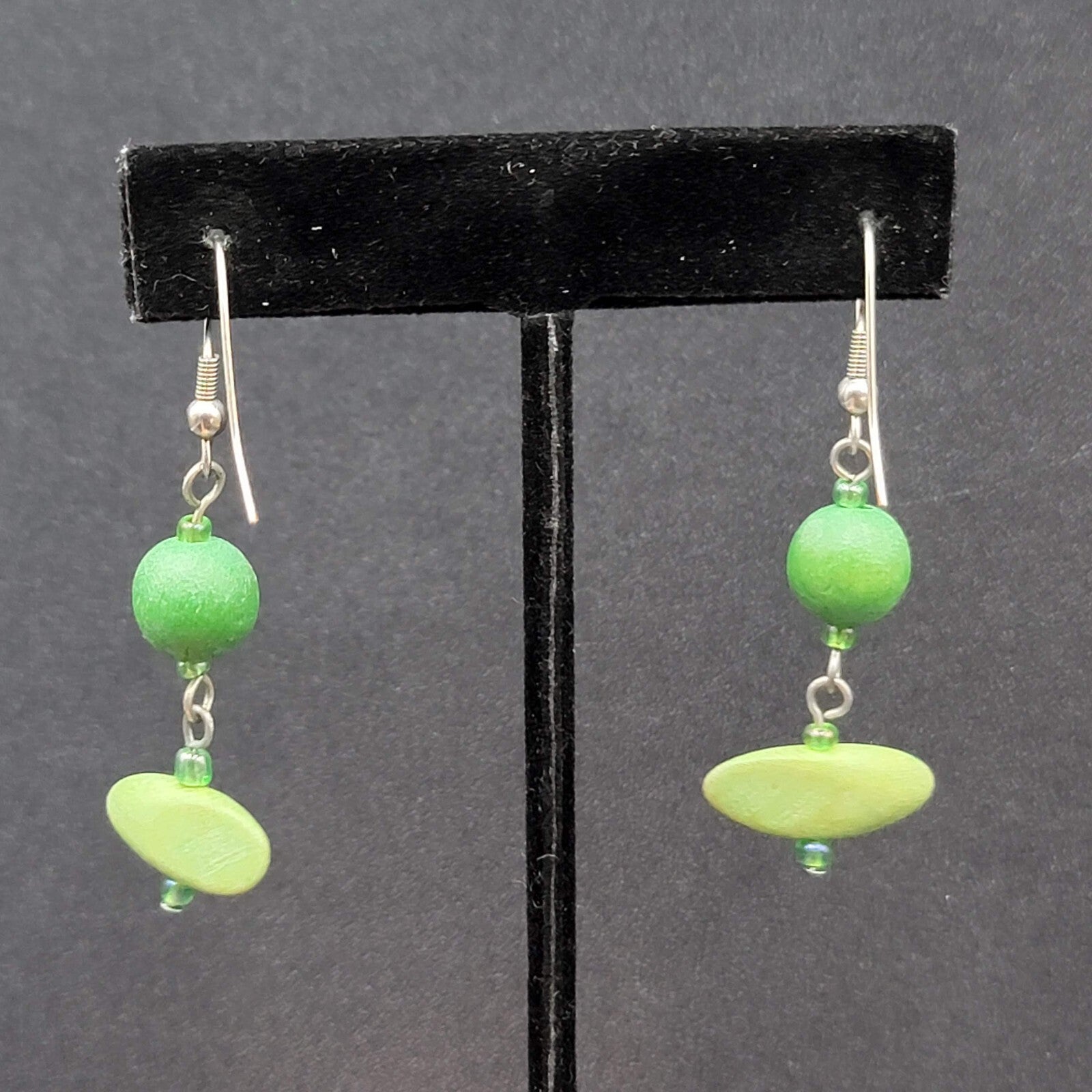 Pierced Earrings Silver tone Green Wood Bead Dangle 1.5"