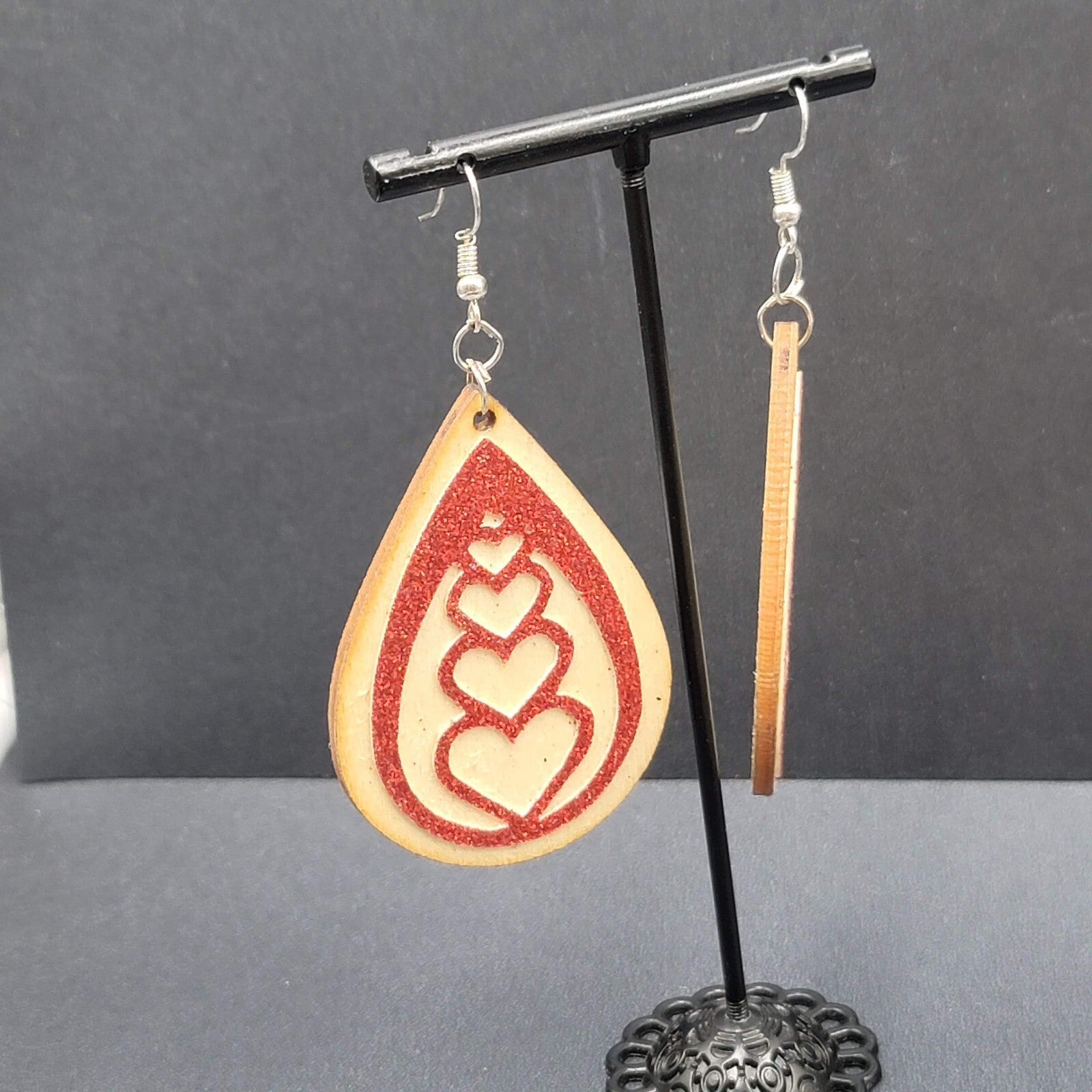 Pierced Earrings Laser Cut Wood Teardrop Red Glitter Hearts Dangle 2.25"