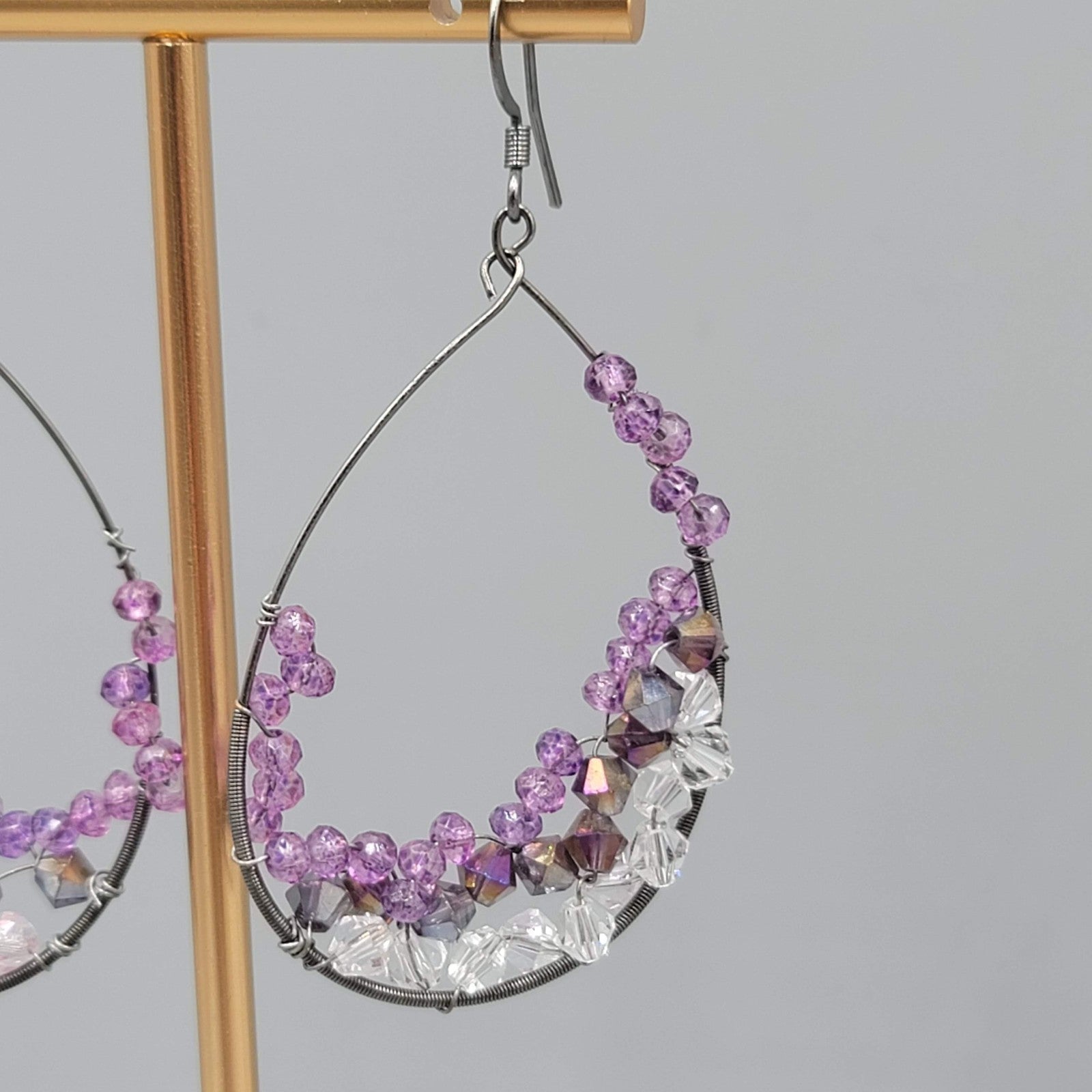 Purple Pink Gray Crystal Wrapped Teardrop Hoops Pierced Earrings 2 in
