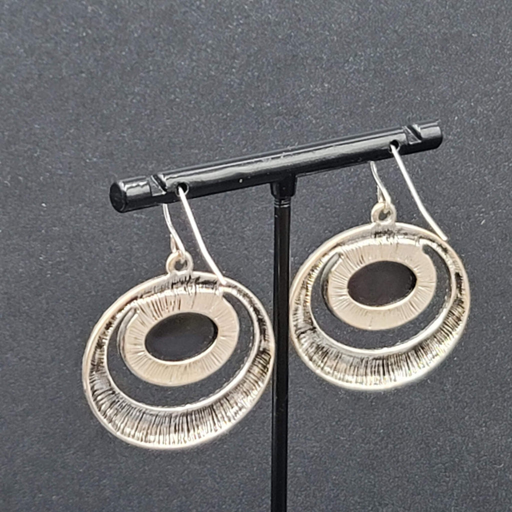 Pierced Earrings Silver tone Black Center Oval Dangle 1.25"