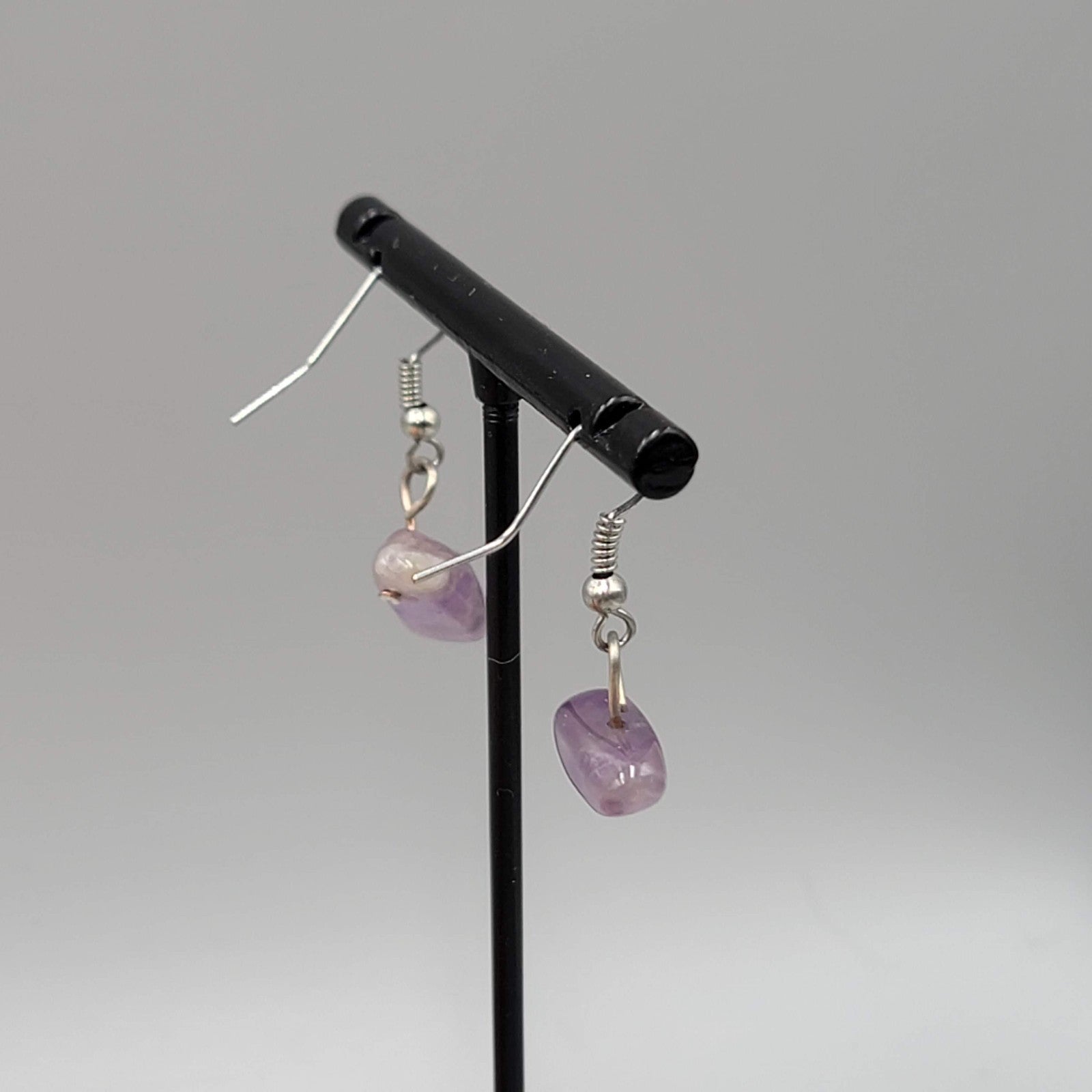 Vintage Polished Amethyst Stone Bead Pierced Earrings Silver tone Dangle  1/2 in