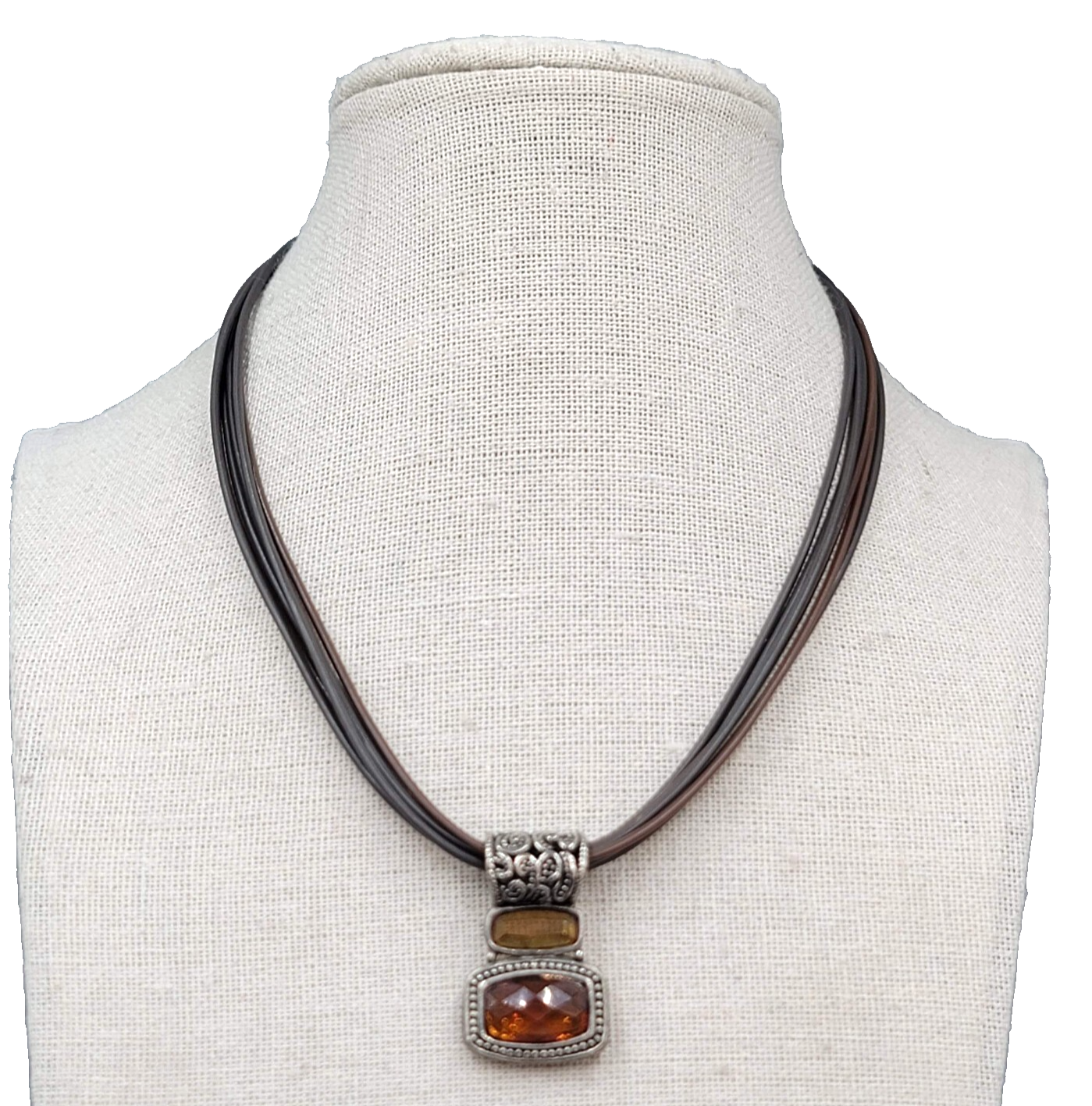 Cookie Lee Necklace Leather Cord Silver tone Orange Pendant 16"+