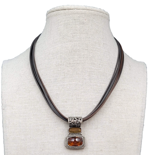 Cookie Lee Necklace Leather Cord Silver tone Orange Pendant 16"+