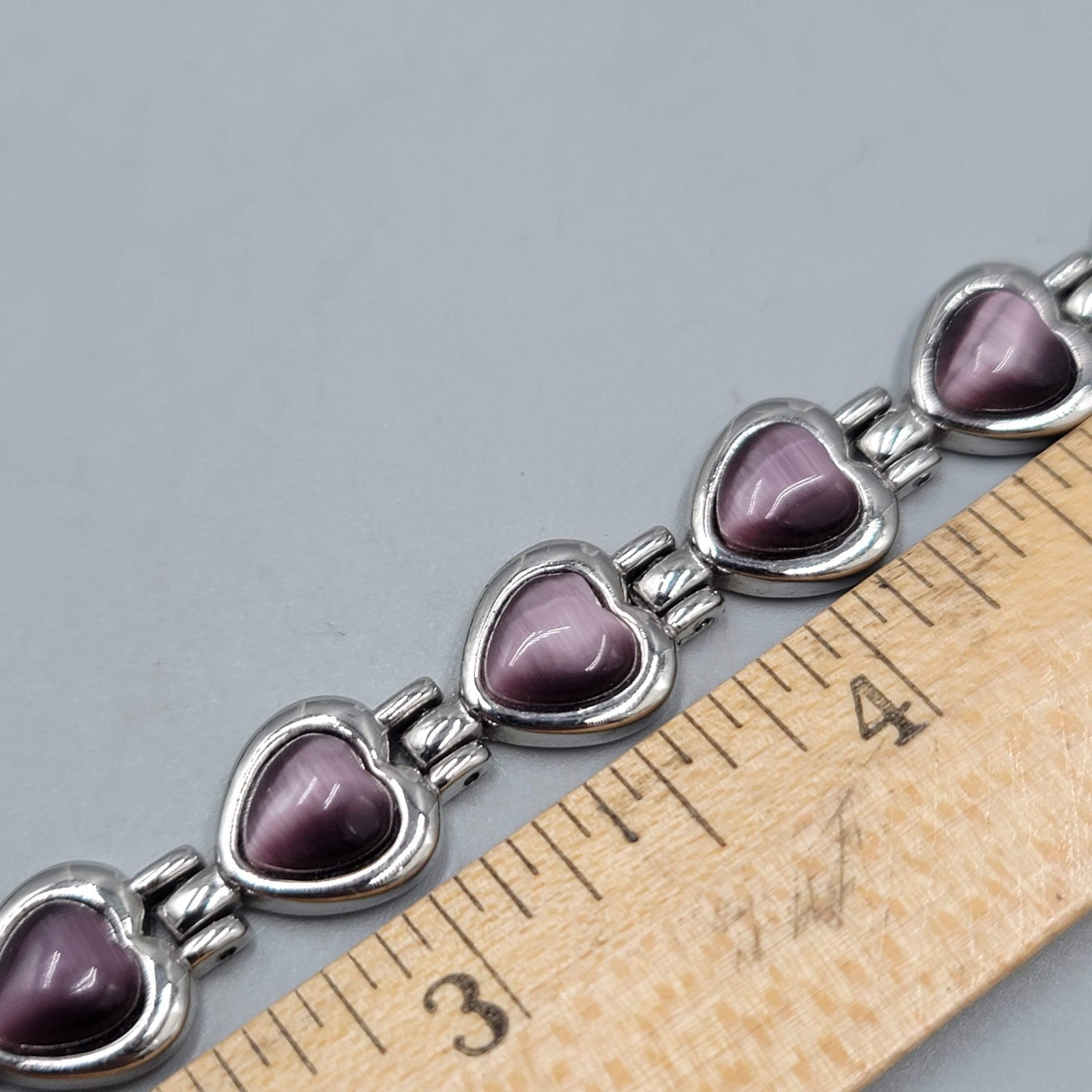 Purple Cats Eye Heart Bracelet Silver tone 7.25 in