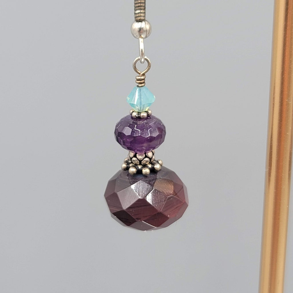 Crystal Amethyst Agate Bead Pierced Earrings Silver tone Dangle 1 in