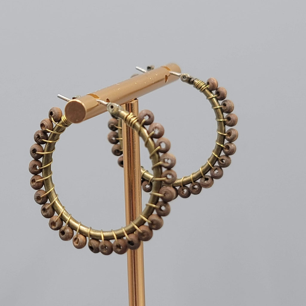 Wood Bead Hoops Pierced Earrings Bronze tone 1 3/8 in