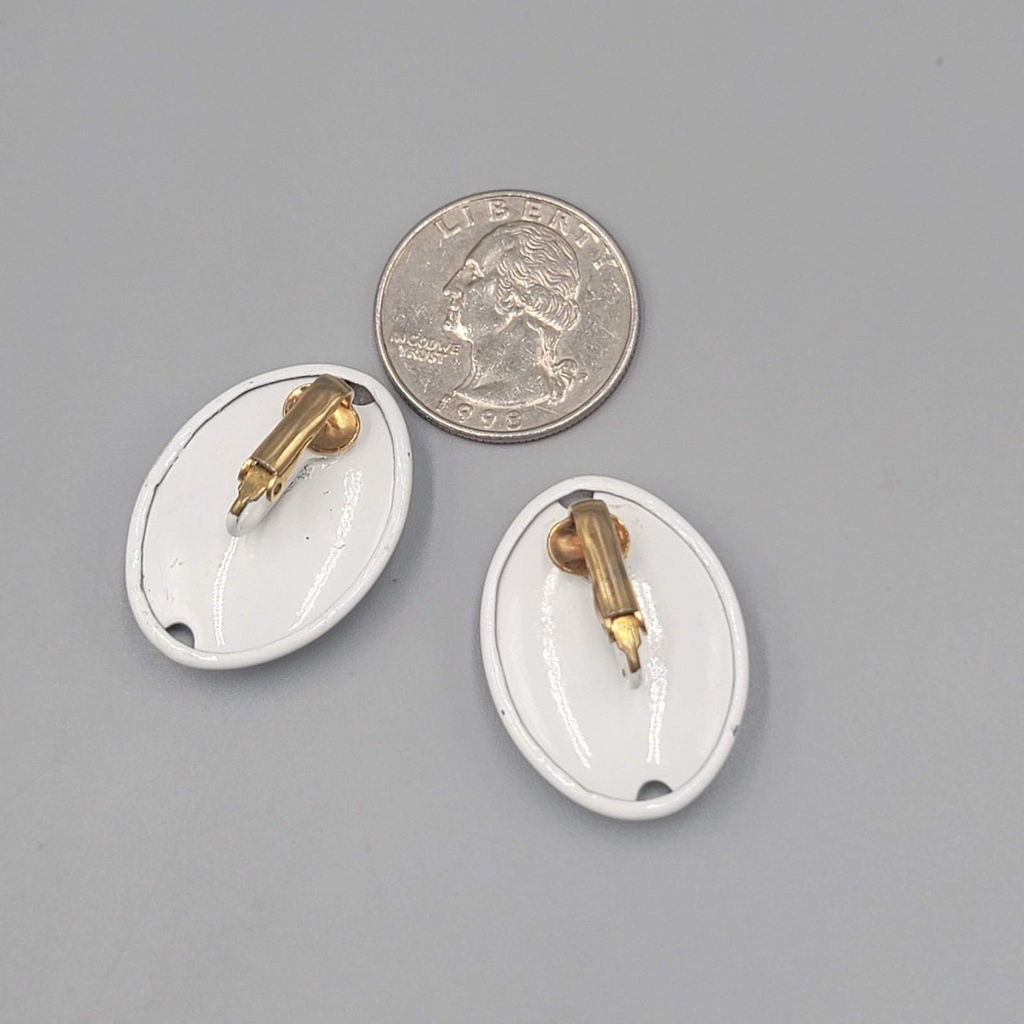 Vintage White Enamel Oval Clip on Earrings Drop MCM 1 1/8"