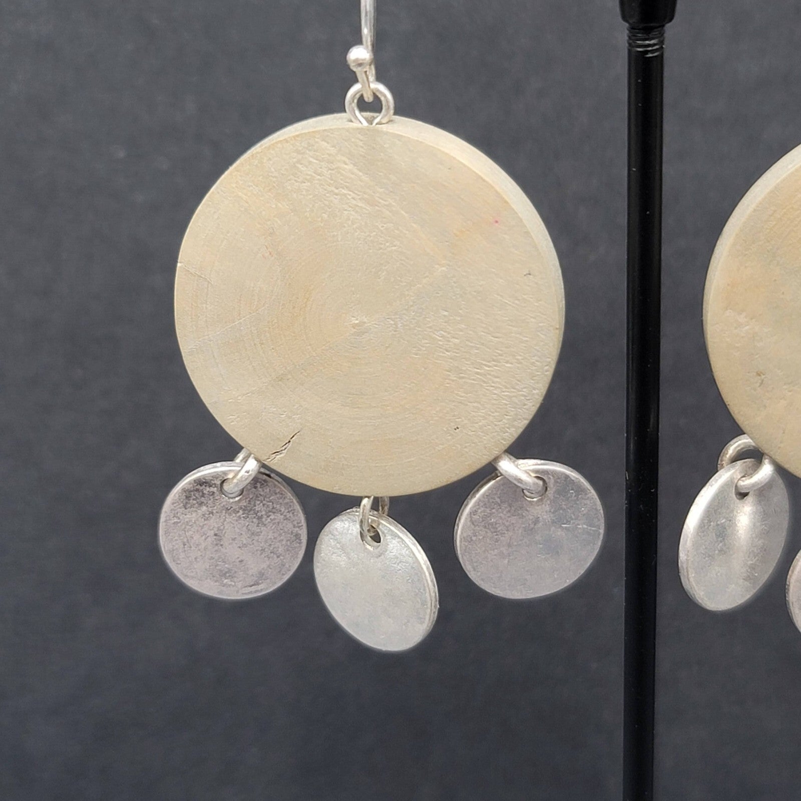 Pierced Earrings Round Wood Silver tone Discs 1.75"