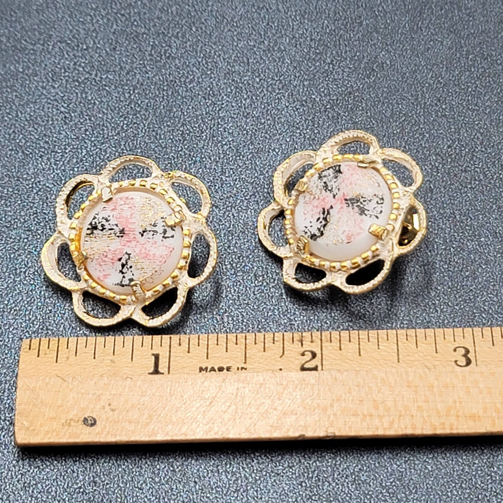 Vintage Clip on Earrings Gold tone White Pink Black Enamel Drop 1 1/8"