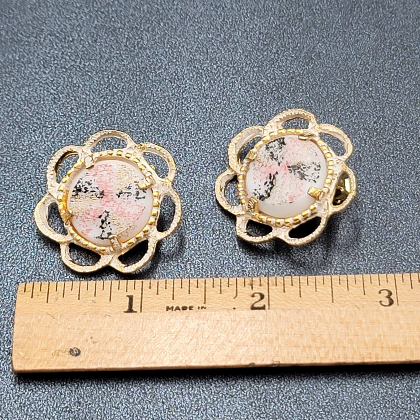Vintage Clip on Earrings Gold tone White Pink Black Enamel Drop 1 1/8"