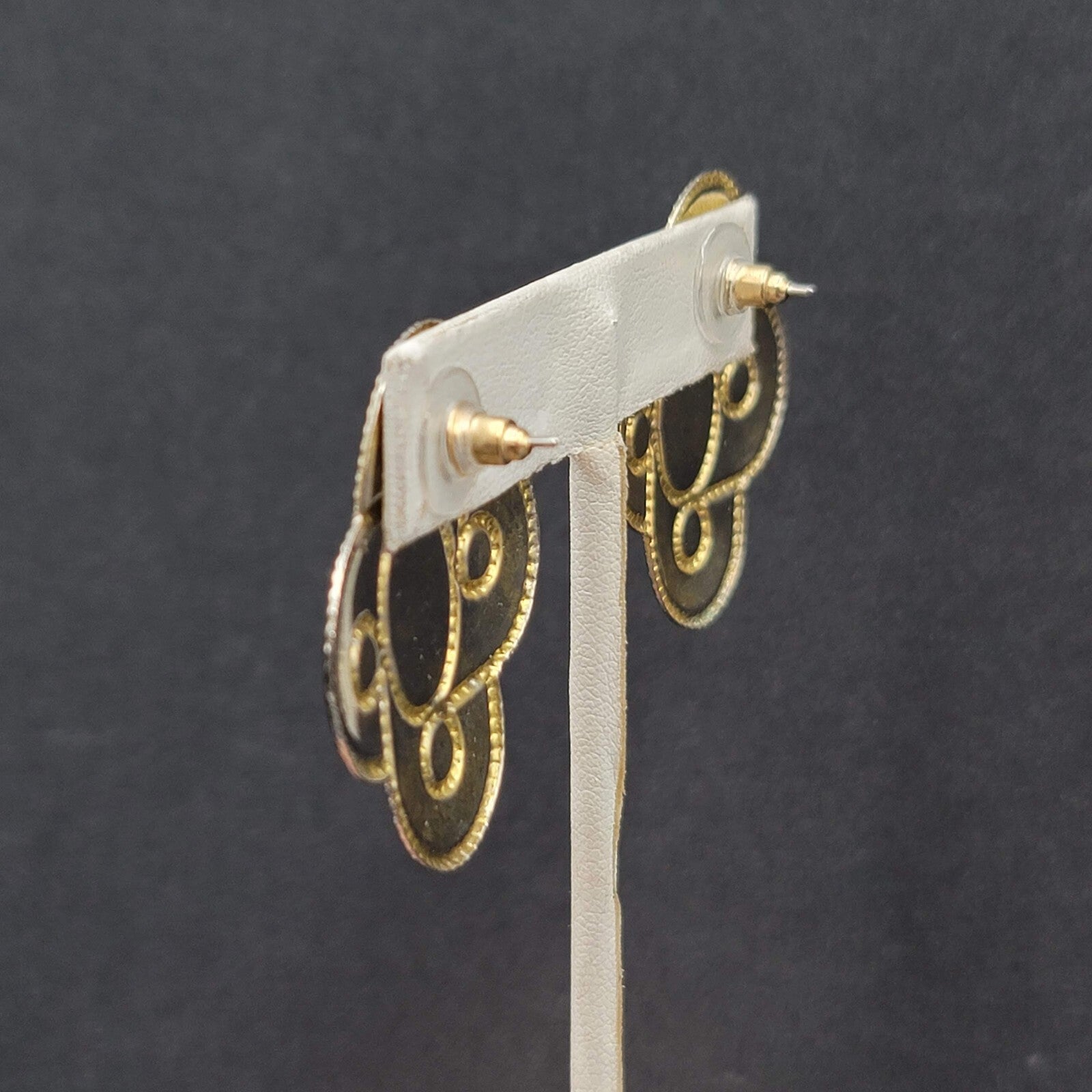 Vintage Pierced Earrings Black Cream Enamel Large Statement 1.5"