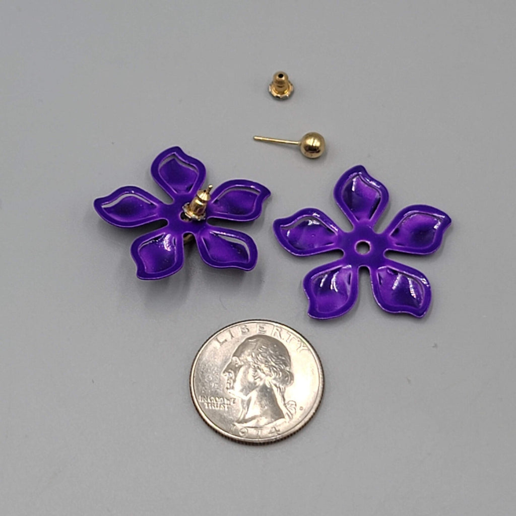 Purple Enamel Flower Jacket Pierced Earrings Gold tone Stud 1.25"