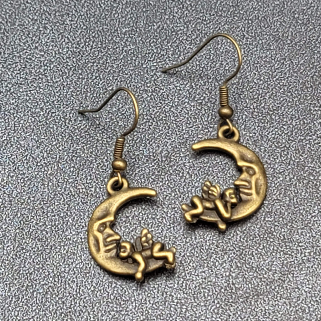 New Cherub Angel Moon Pierced Earrings Bronze tone Dangle 3/4"