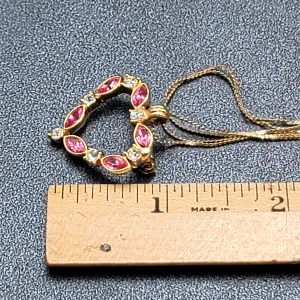 Pink Crystal Heart Brooch Pendant Gold tone 18" Chain