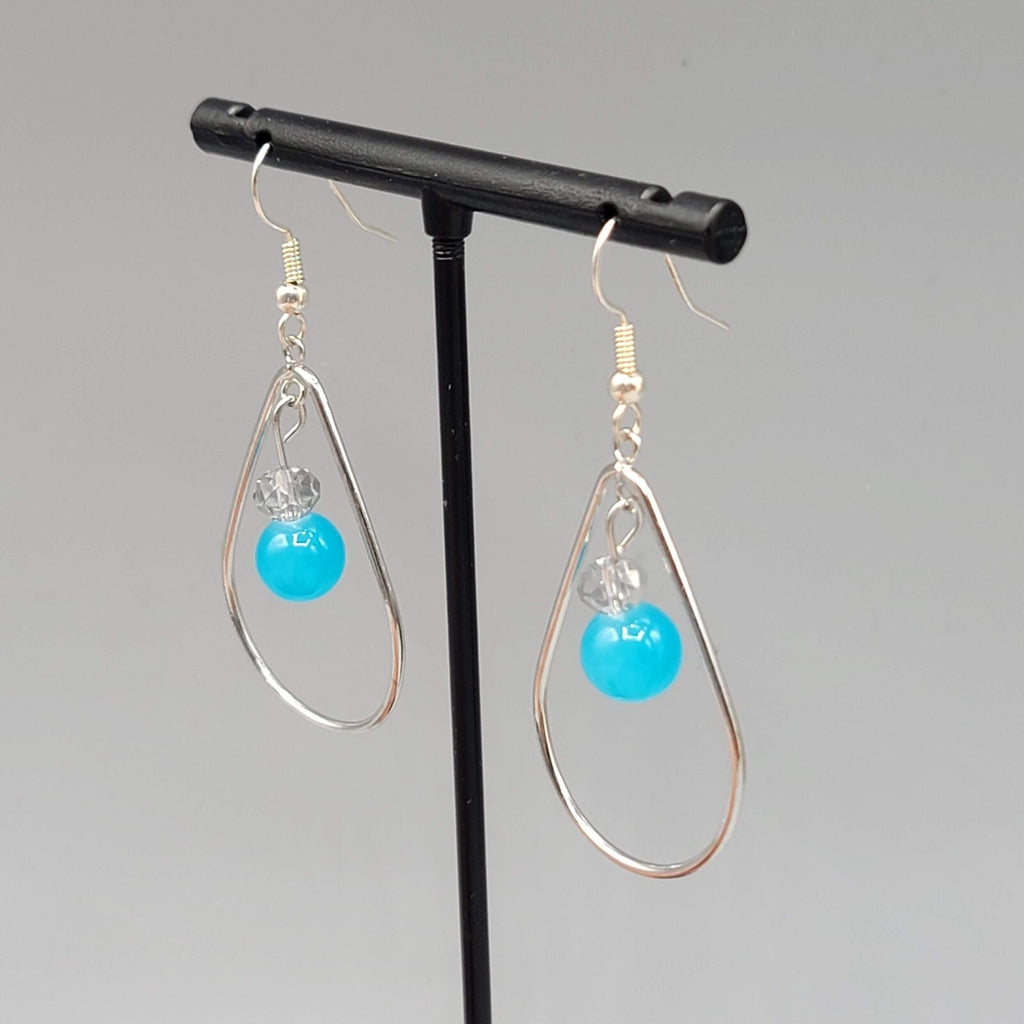 Pierced Earrings Silver tone Teardrop Hoops Blue Bead Dangle 1.5"