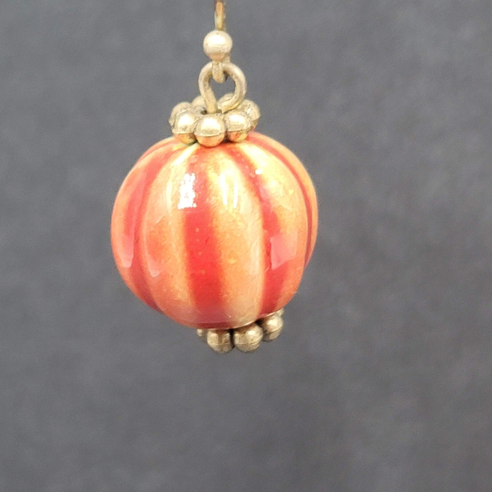 Pierced Earrings Gold tone Hand Painted Pottery Bead Dangle 3/4"