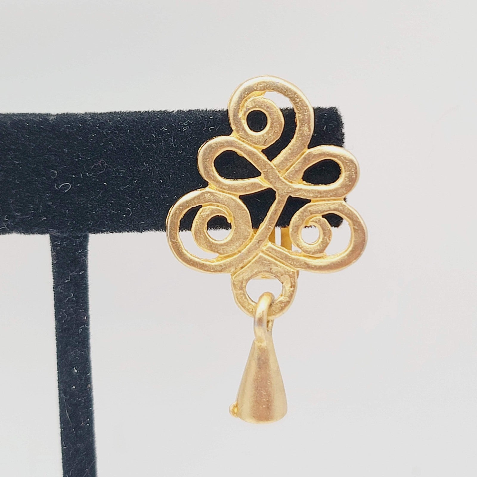 Vintage Open Work Clip on Earrings Matte Gold Plated Dangle 1.5 in
