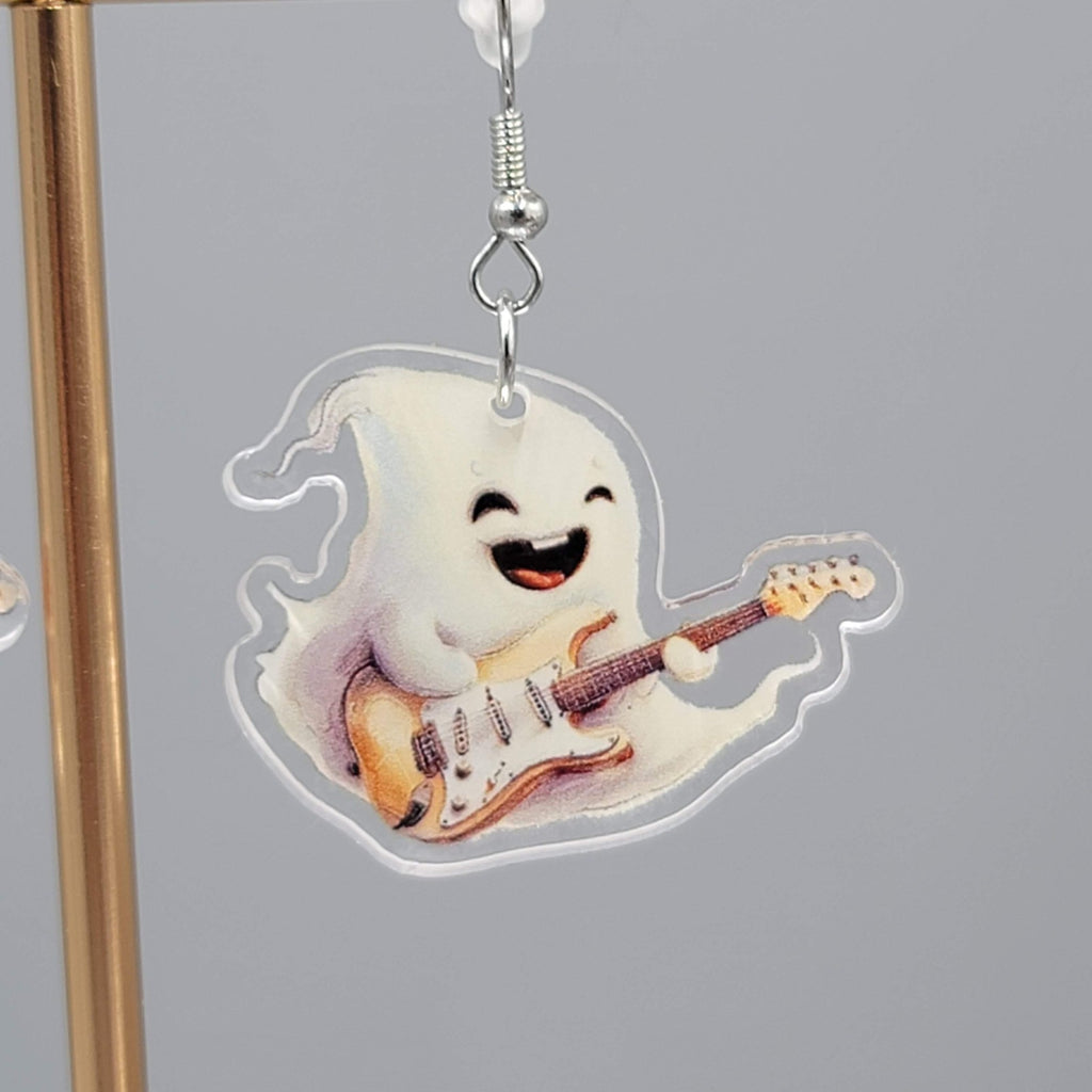 Halloween Ghost Electric Guitar Pierced Earrings Silver tone Dangle 1.5 in