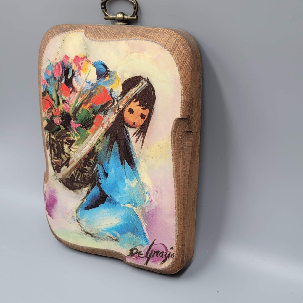 Vintage Ted DeGrazia BEAUTIFUL BURDEN Wood Plaque Signed Excellent 5.5"