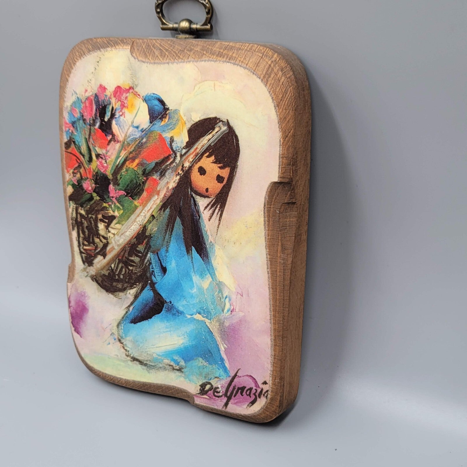 Vintage Ted DeGrazia BEAUTIFUL BURDEN Wood Plaque Signed Excellent 5.5"