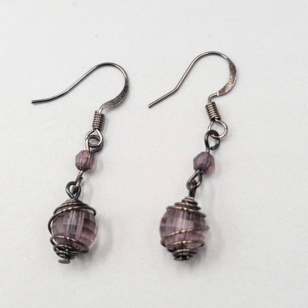 Purple Caged Bead Pierced Earrings Black Metal Dangle 1"