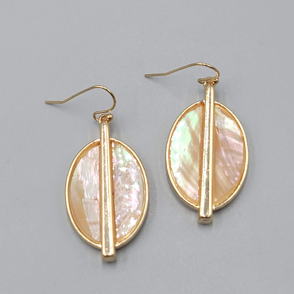 Oval Pierced Earrings Gold tone Dangle Peach Iridescent 1.5"