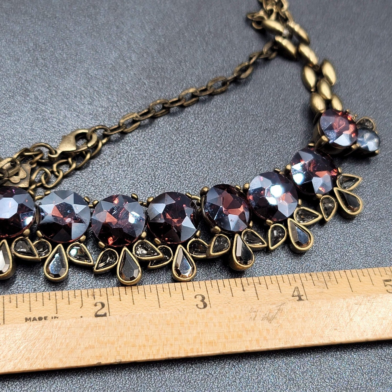 Purple Rhinestone Necklace Bronze tone Bid Statement Chain  20" - 22"