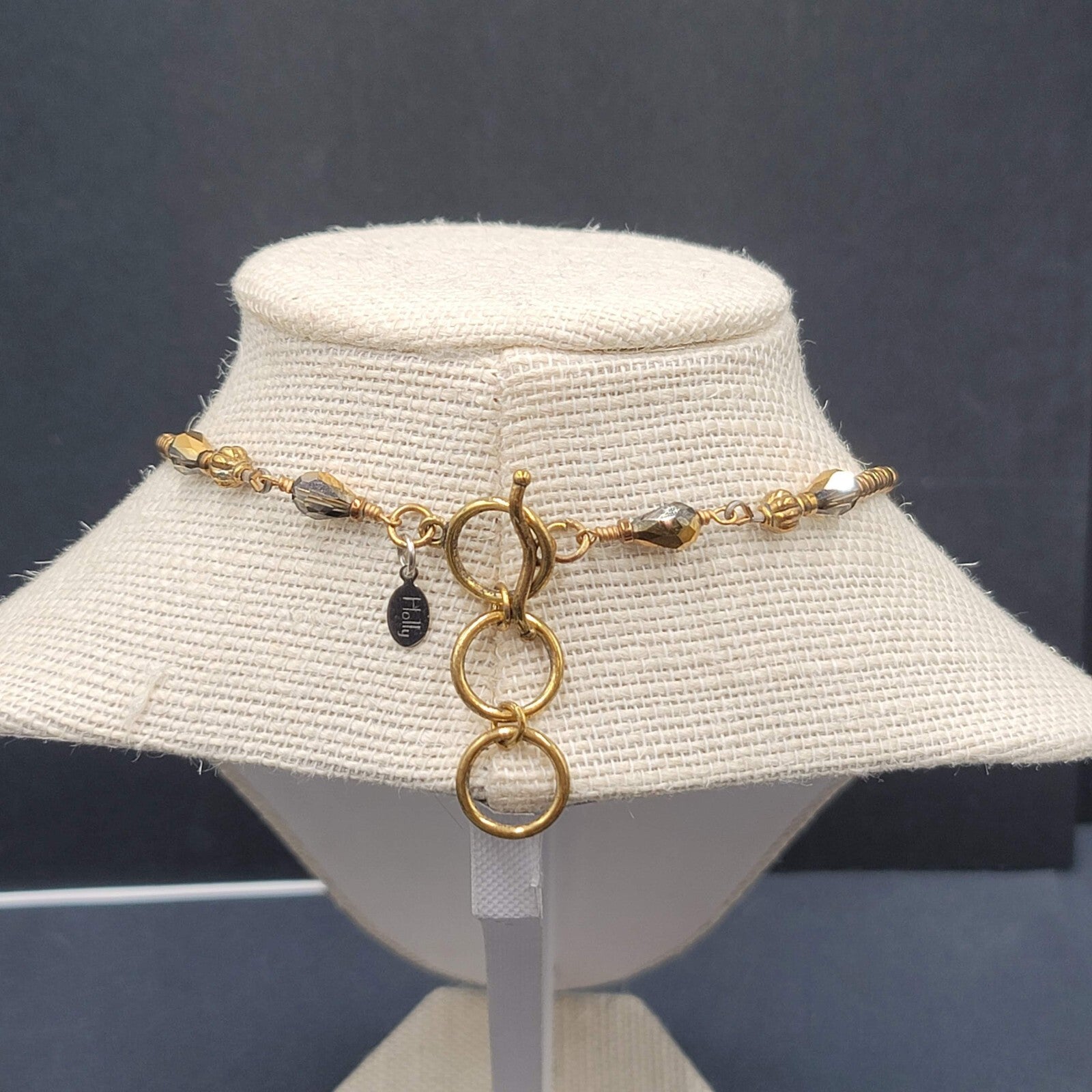 Signed Holly Necklace Gold tone Seed Bead White Stone Pendant Tassels 16"-18"