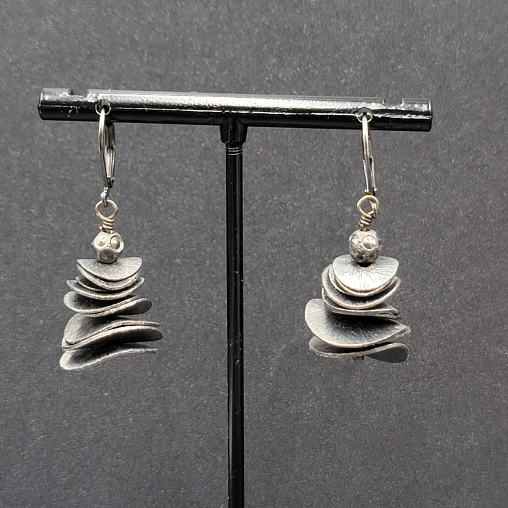 Pierced Earrings Black Metal Layered Wavy Discs Dangle 1 1/8"
