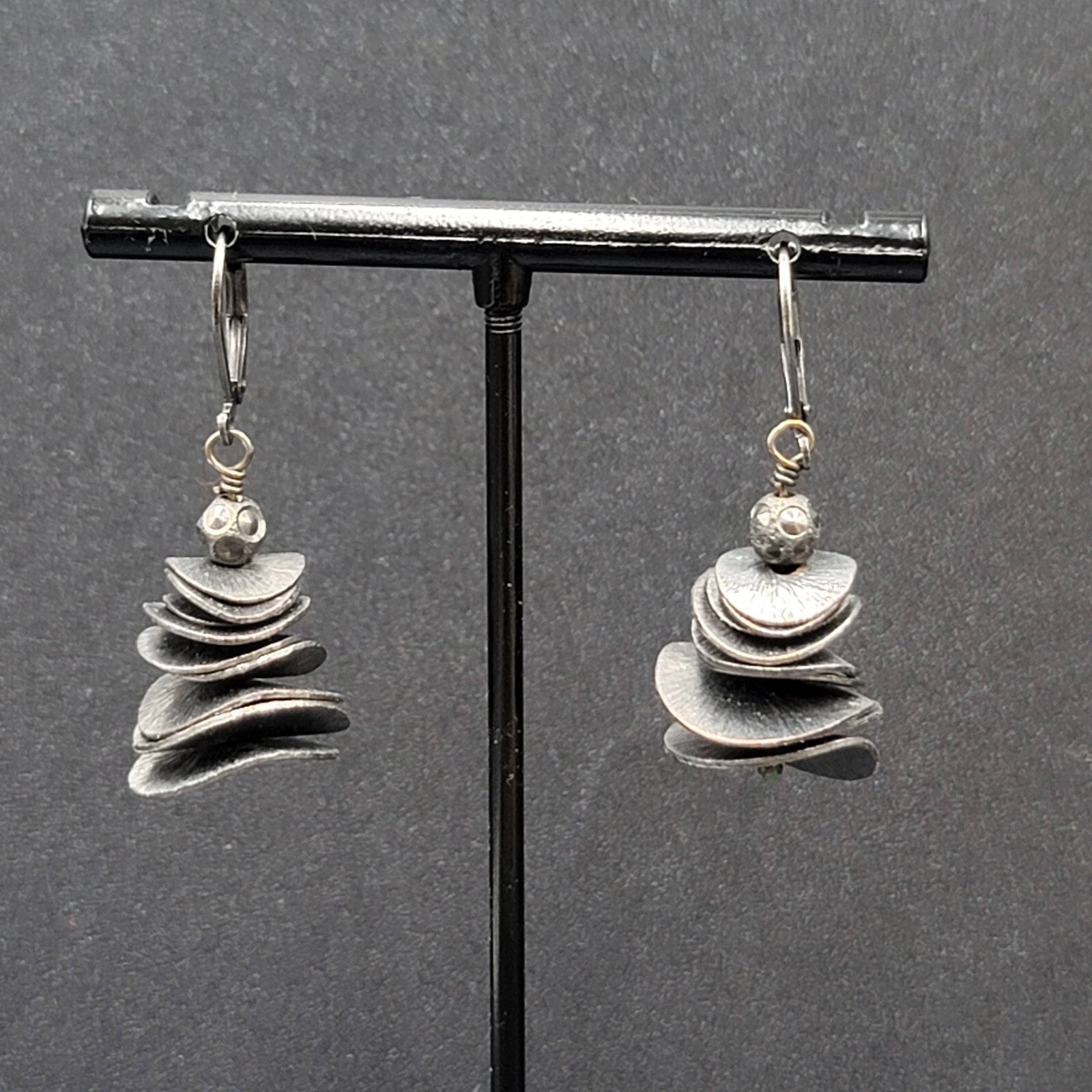 Pierced Earrings Black Metal Layered Wavy Discs Dangle 1 1/8"