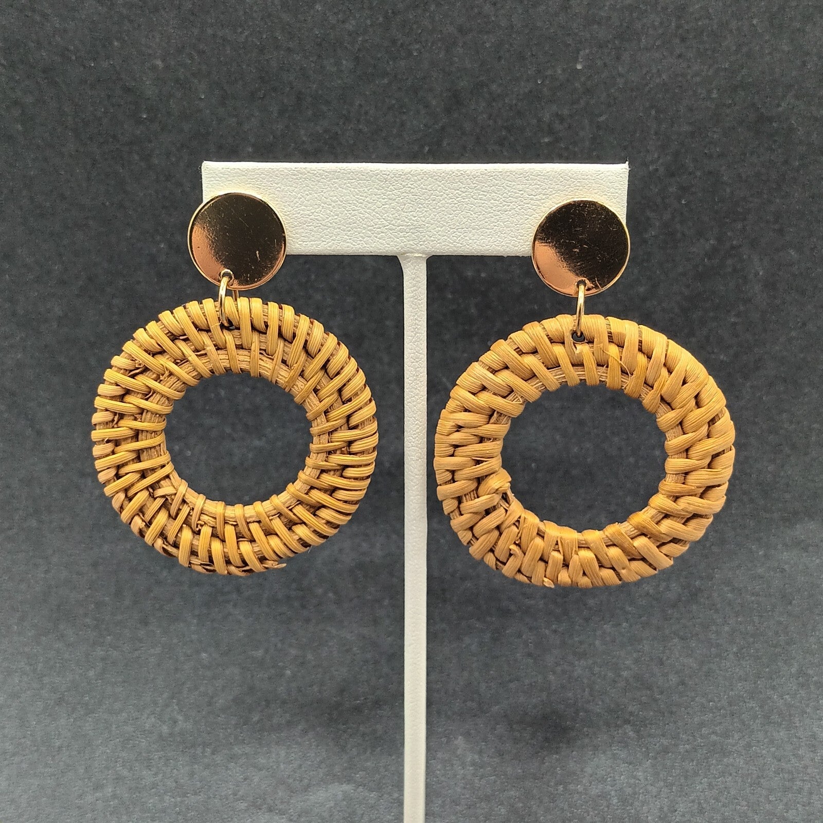 Boho Pierced Earrings Gold tone Rattan Ring Statement Dangle 2 1/2"