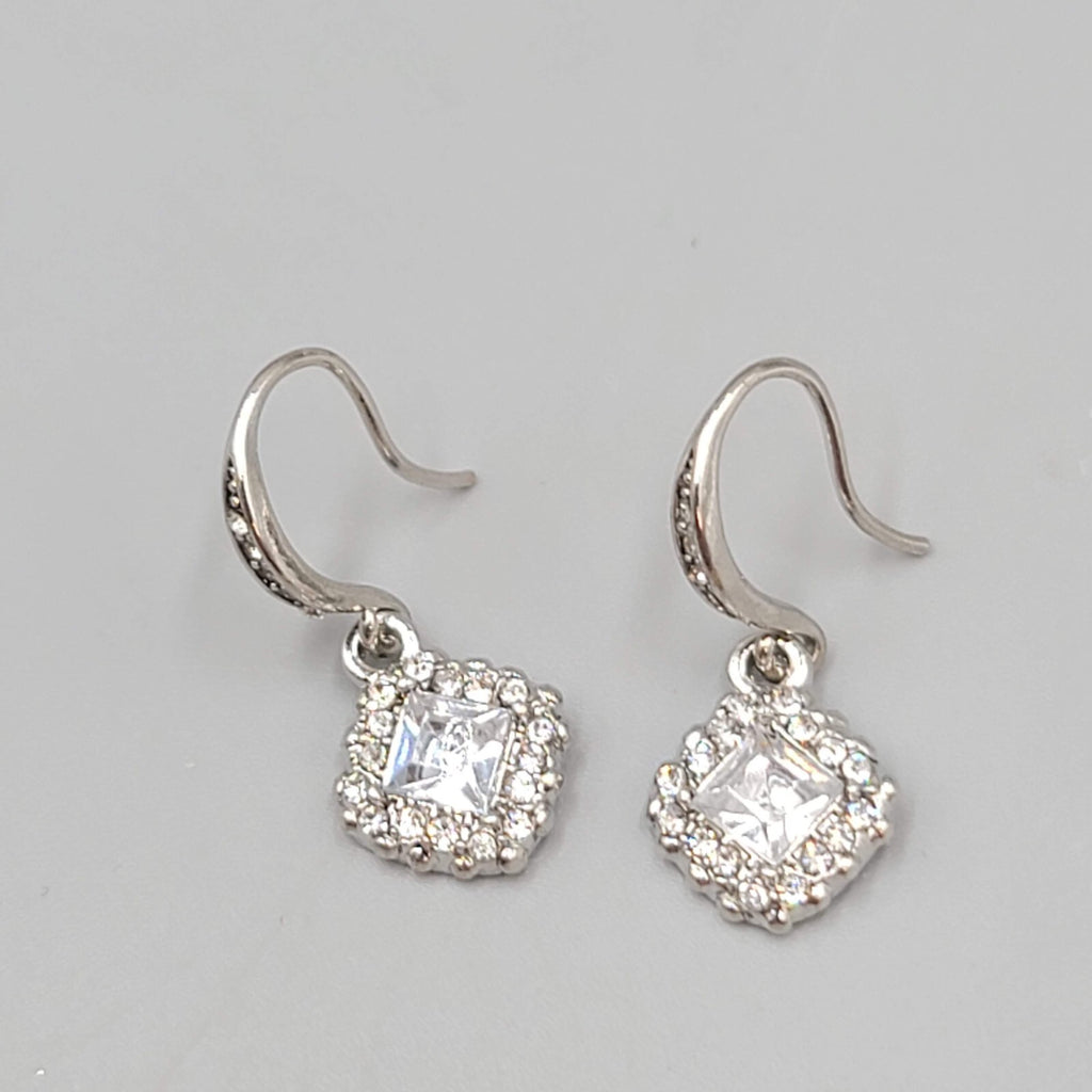 Pierced Earrings Silver tone Crystal Rhinestone Dangle  1/2"