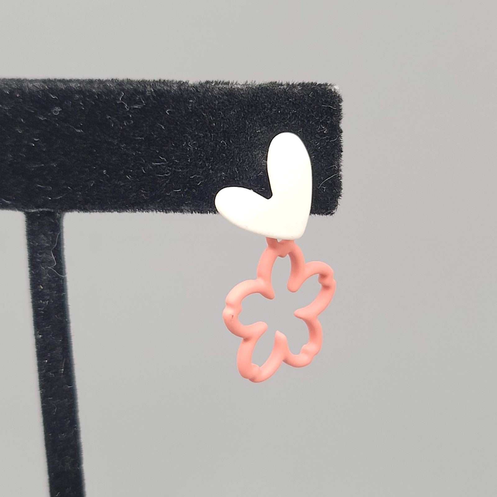 White Heart Pink Flowers Pierced Earrings Matte Enamel Dangle 1 in