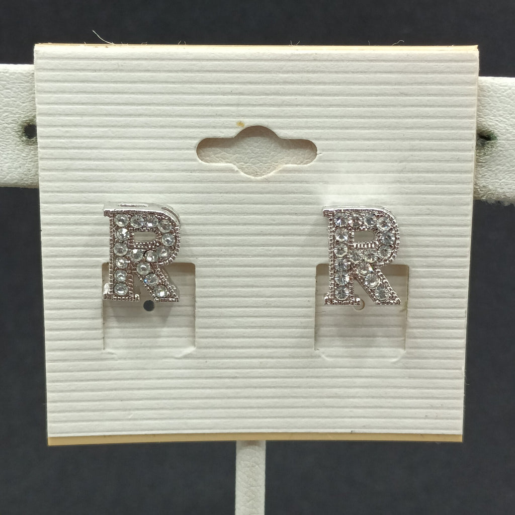 Pierced Earrings Silver tone Rhinestone Letter R Studs 1/2" New Old Stock