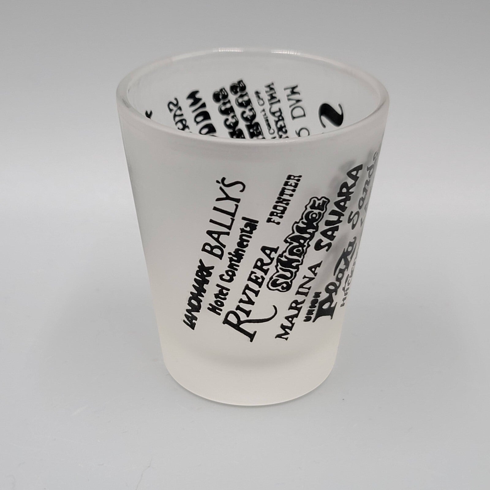 Vintage Las Vegas Casino Shot Glass Black Letters Frosted Glass Souvenir