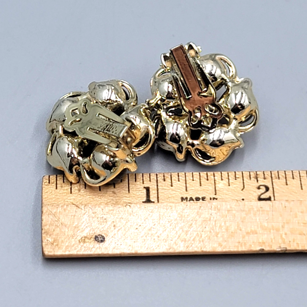 Vintage Gold tone Black Bead Flower Clip on Earrings 1"