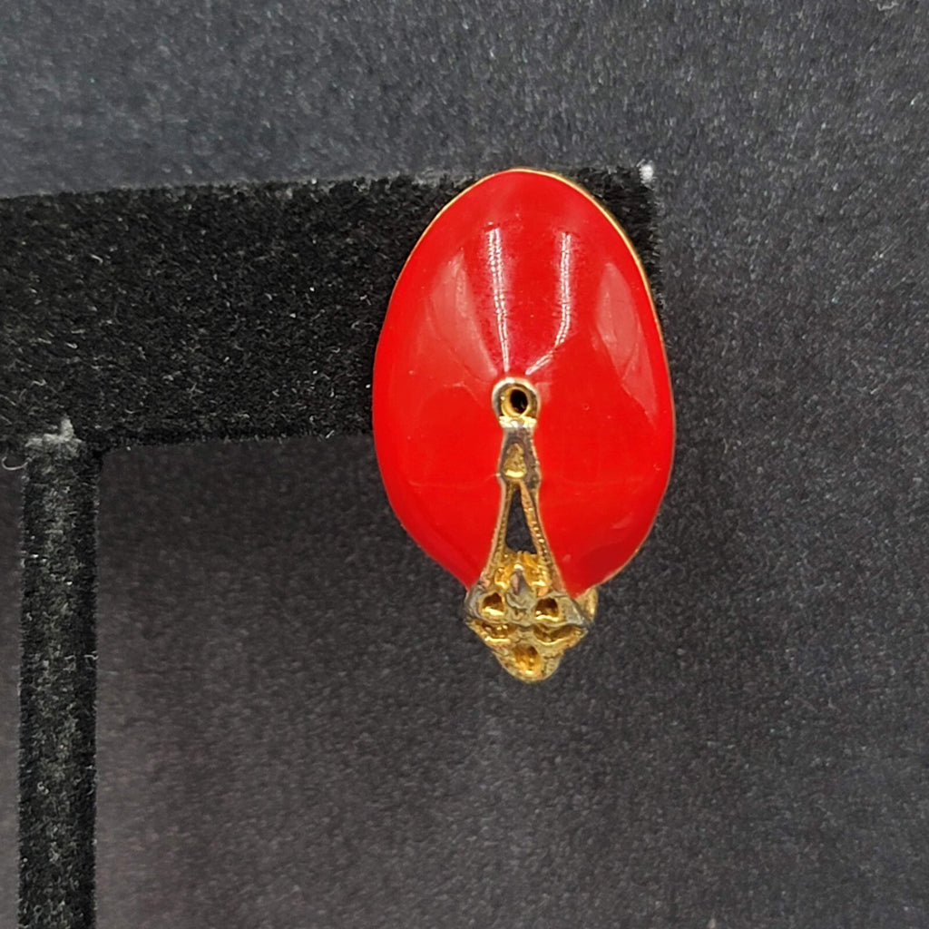 Vintage Pierced Earrings Gold tone Red Enamel Drop 1"