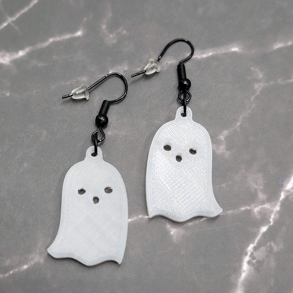 White Acrylic GHOST Pierced Earrings Black Enamel Dangle 1.25"