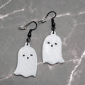 White Acrylic GHOST Pierced Earrings Black Enamel Dangle 1.25"