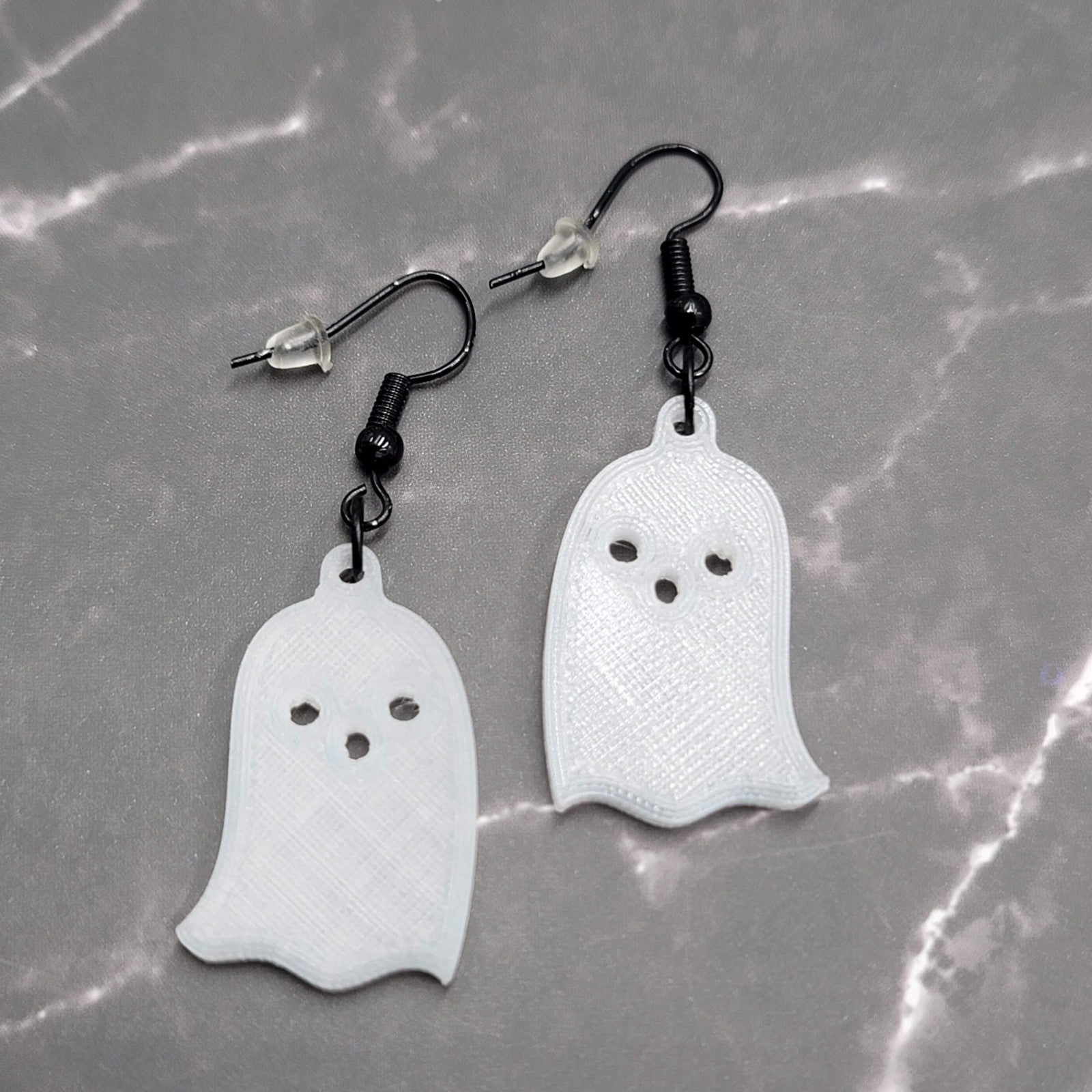 White Acrylic GHOST Pierced Earrings Black Enamel Dangle 1.25"