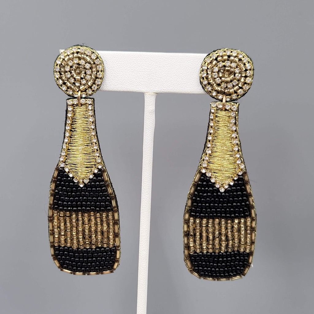 Champagne Bottle Pierced Earrings Seed Bead Felt Long Statement 3.25"